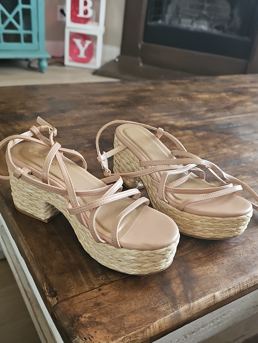 BAMBOO Blush Rose Gold Woven Platform Sandals